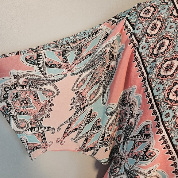 Cato Peach and Teal Boho Print Faux Wrap Style Dress with Deep V Neck - Picture 7 of 11